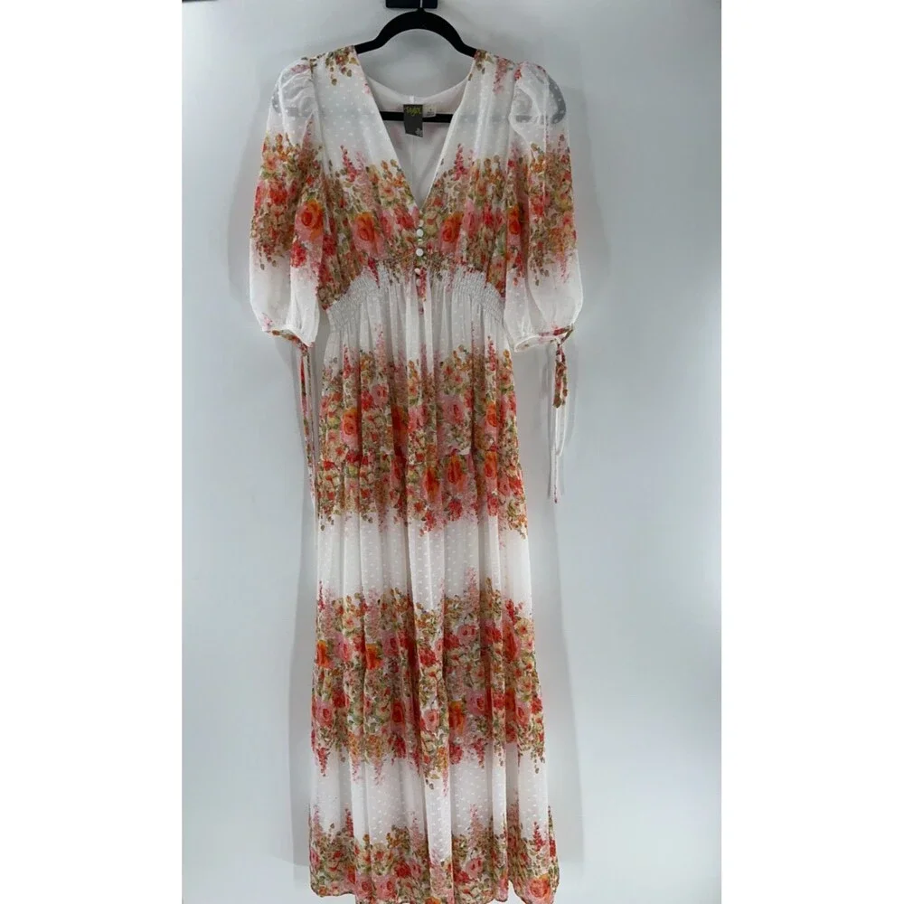 Women's Taylor Floral Striped Swiss-Dot Chiffon Cottagecore Maxi Dress Size 6 - Picture 2 of 8